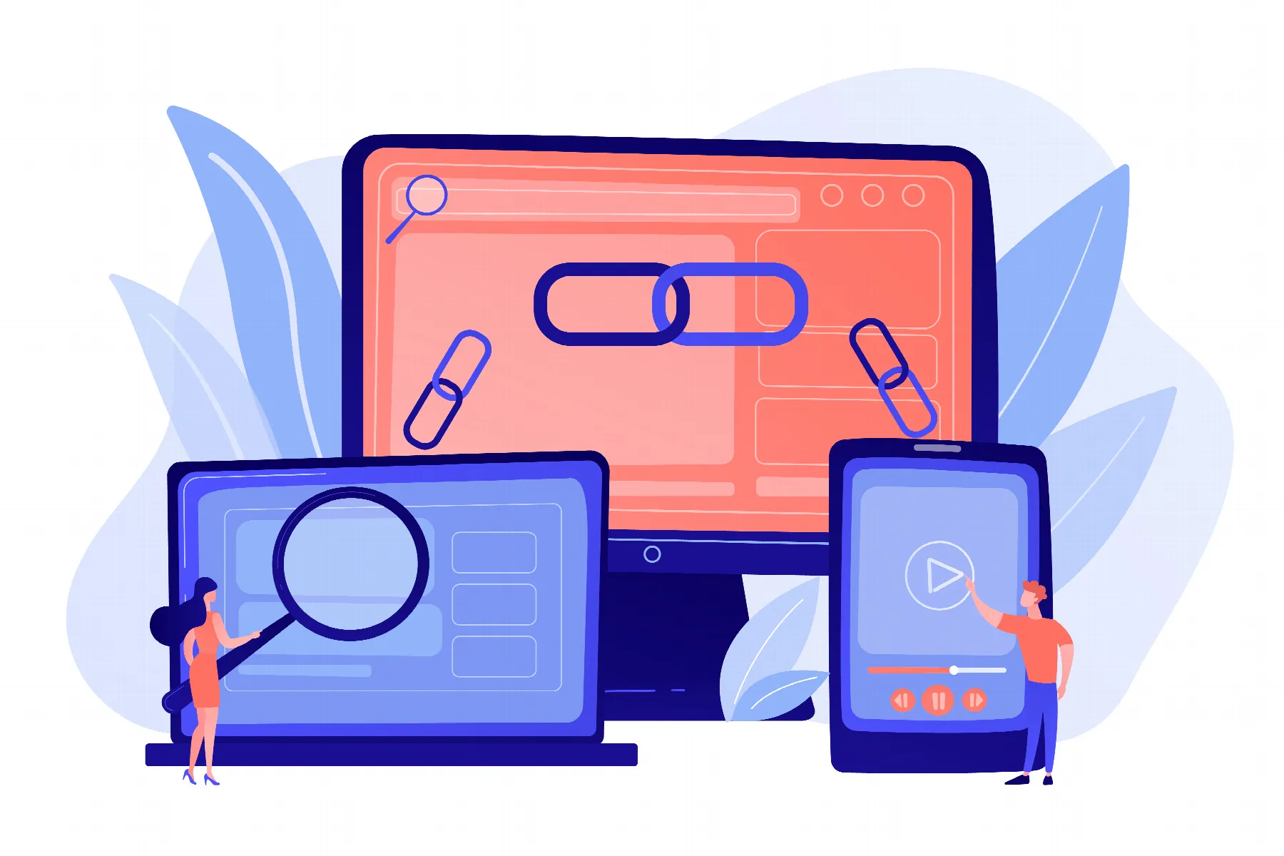 Illustration of contextual backlinks connecting relevant web pages across devices